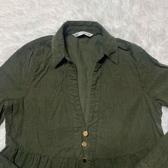 Zara Dress Army Green Corduroy Tiered Small Long Sleeve Vneck Gold Button Fall - Picture 3 of 10
